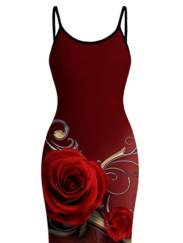 Rose Floral Metallic Gold Scroll Vine Print Spaghetti Strap Maxi Bodycon Vacation Dress