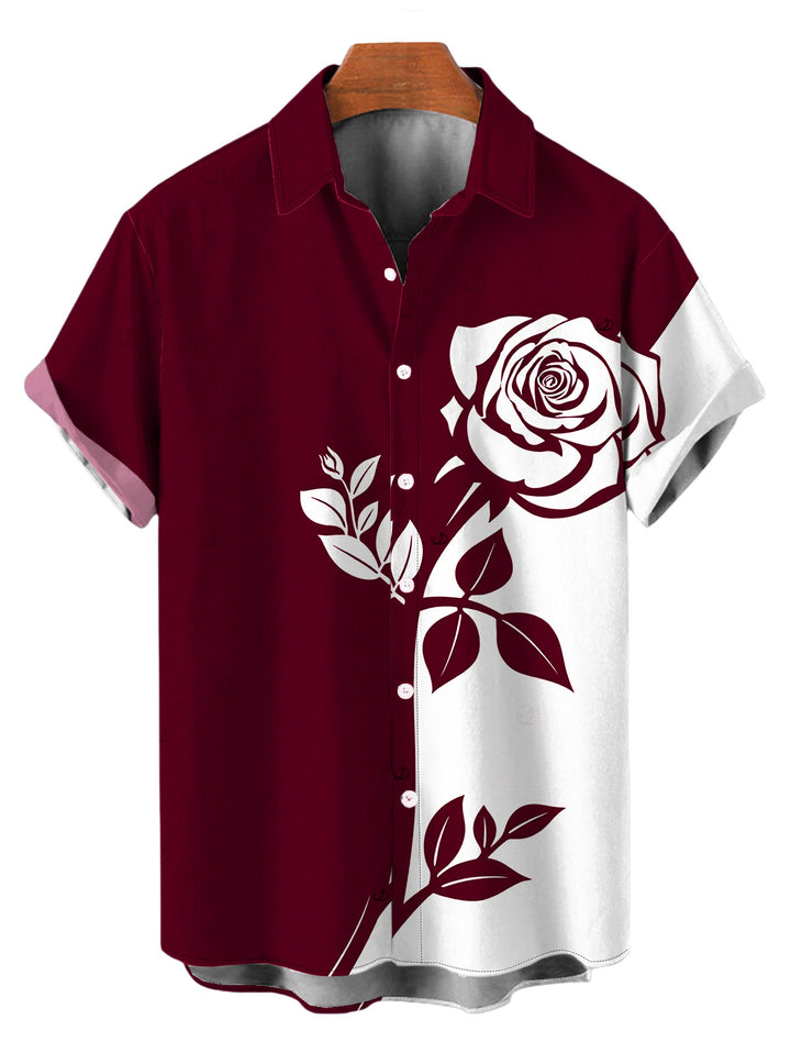 Men's Contract Color Rose Floral Print Button Up Vacation Shirt