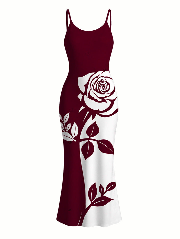 Contract Color Rose Floral Print Spaghetti Strap Bodycon Vacation Dress