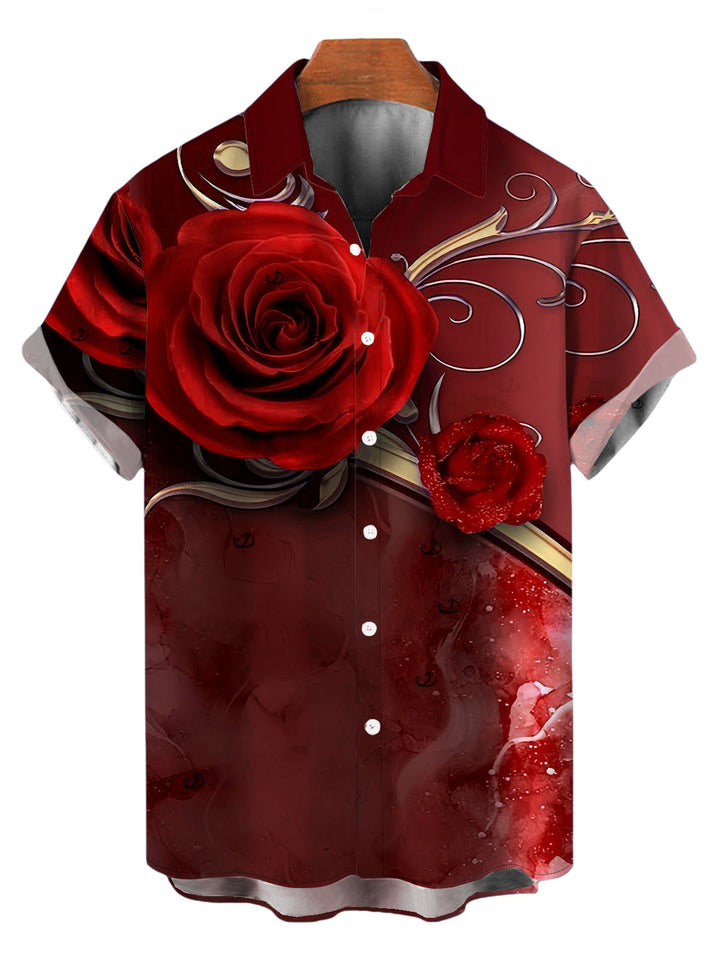 Men's Rose Floral Metallic Gold Scroll Vine Print Button Up Vacation Shirt