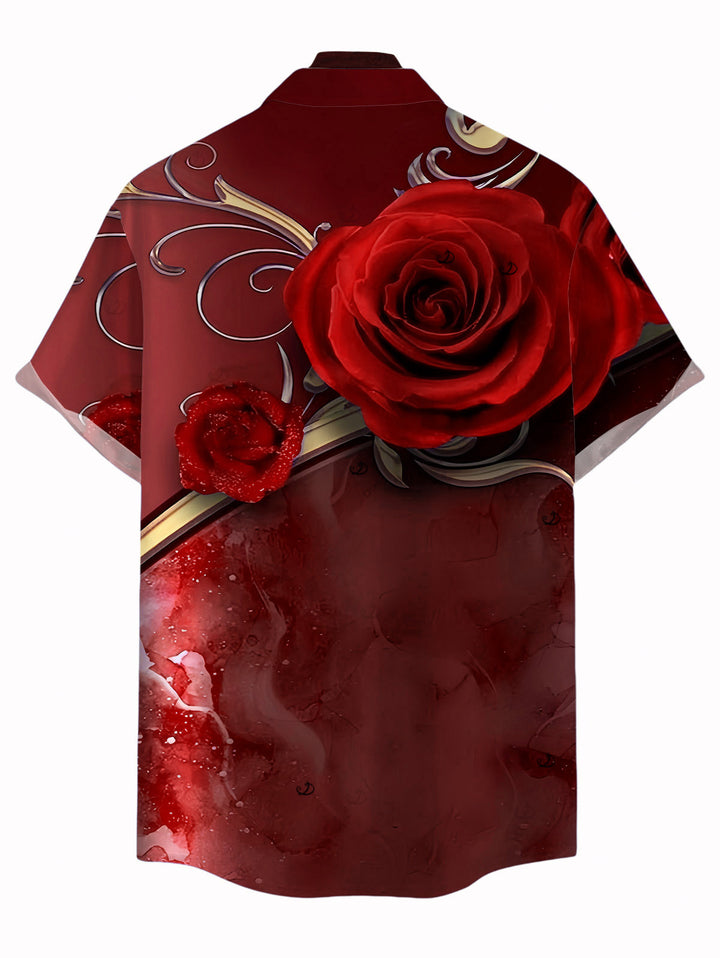 Men's Rose Floral Metallic Gold Scroll Vine Print Button Up Vacation Shirt