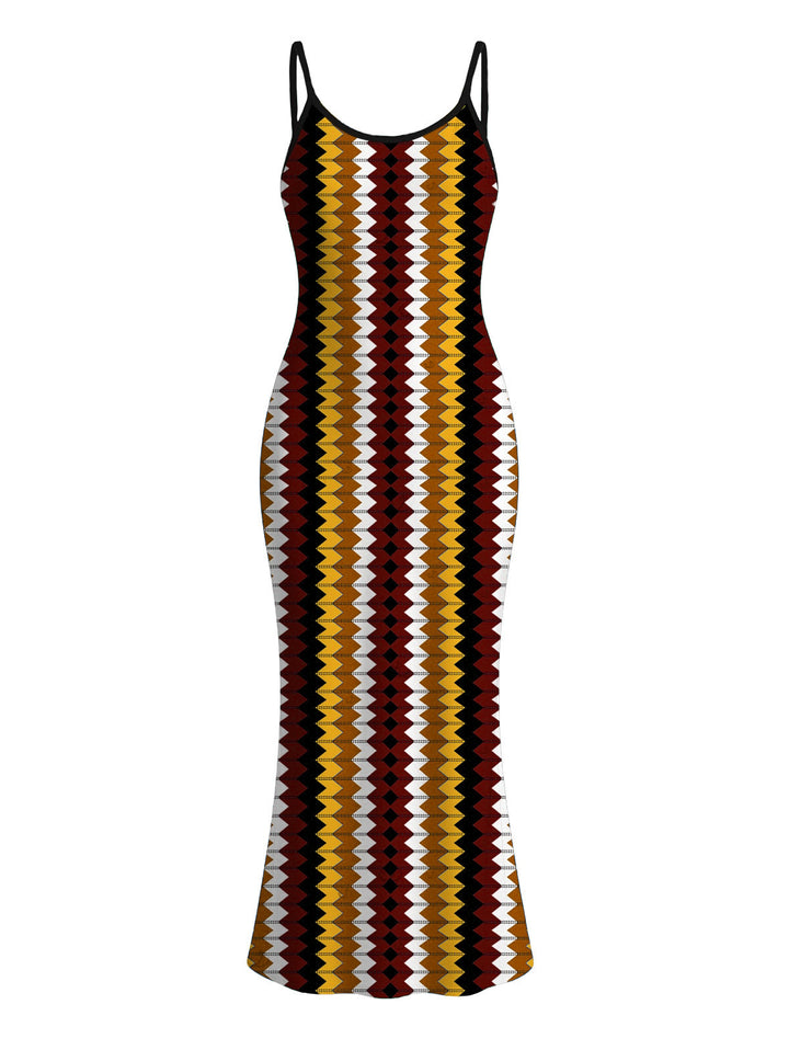Colorblock Zig Zag Print Bodycon Mermaid Maxi Hawaiian Vacation Dress