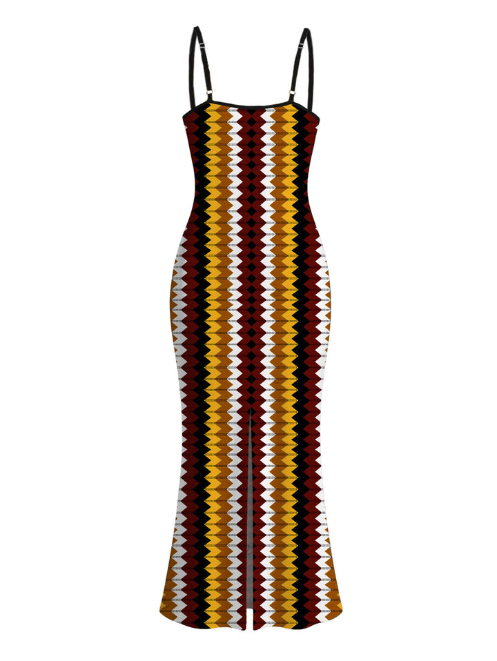 Colorblock Zig Zag Print Bodycon Mermaid Maxi Hawaiian Vacation Dress