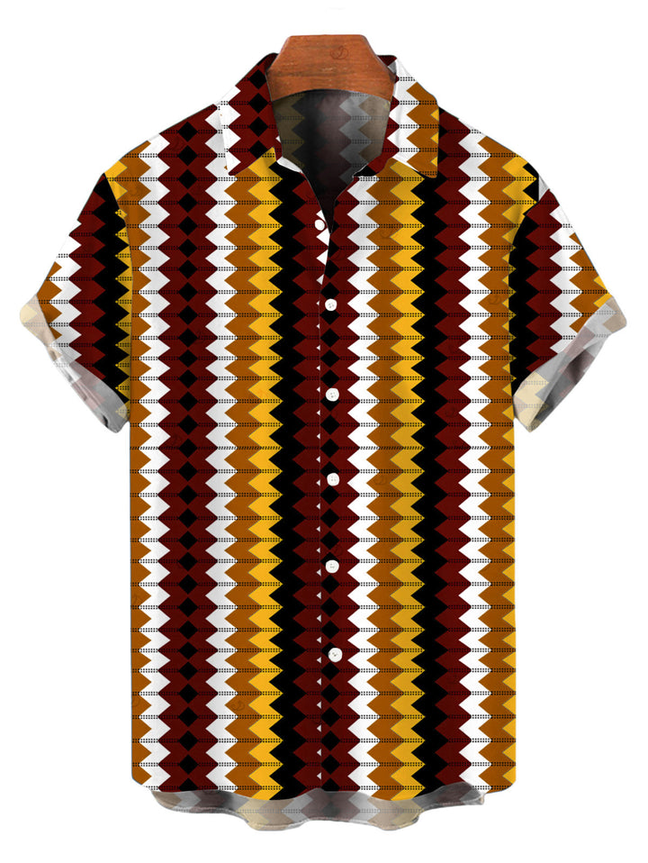 Men's Colorblock Zig Zag Print Button Up Hawaiian Vacation Shirt
