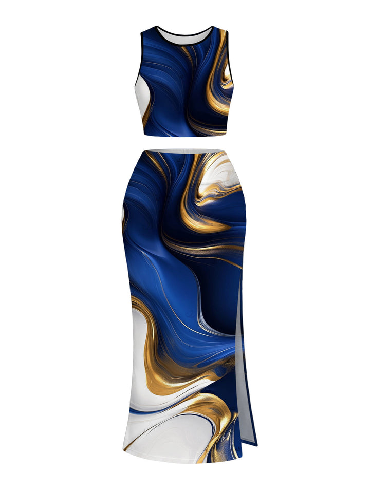 Metallic Gold Fluid Marble Print Cropped Tank Top and Bodycon Slit Skirt Vacation Women Outfit