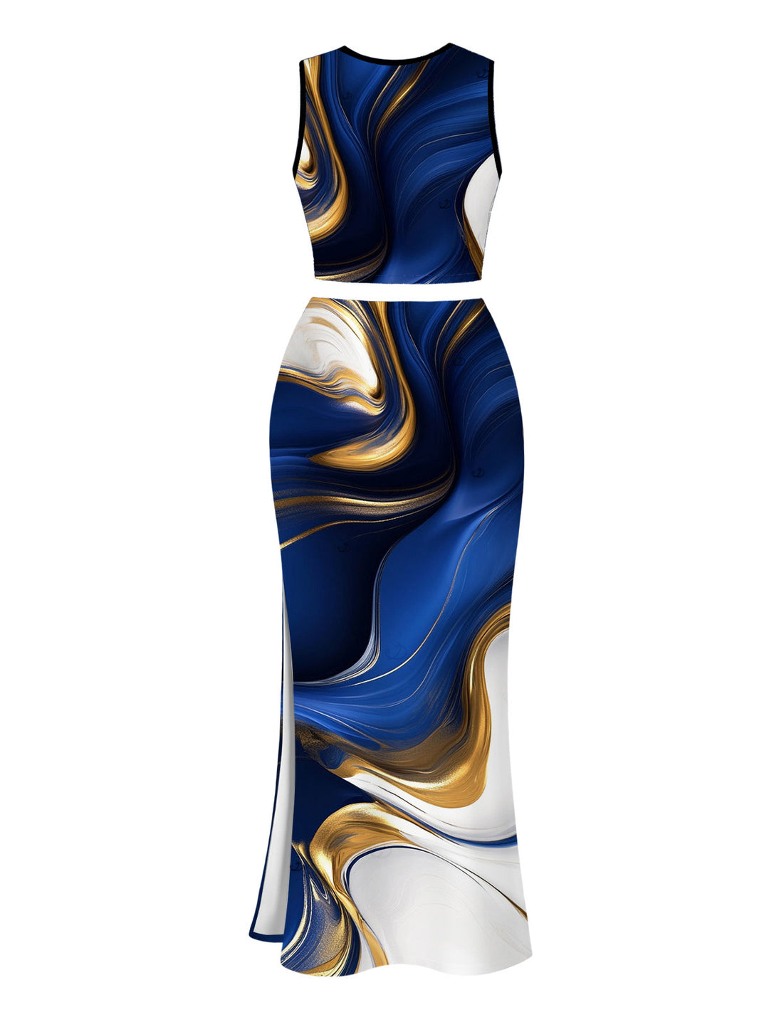 Metallic Gold Fluid Marble Print Cropped Tank Top and Bodycon Slit Skirt Vacation Women Outfit