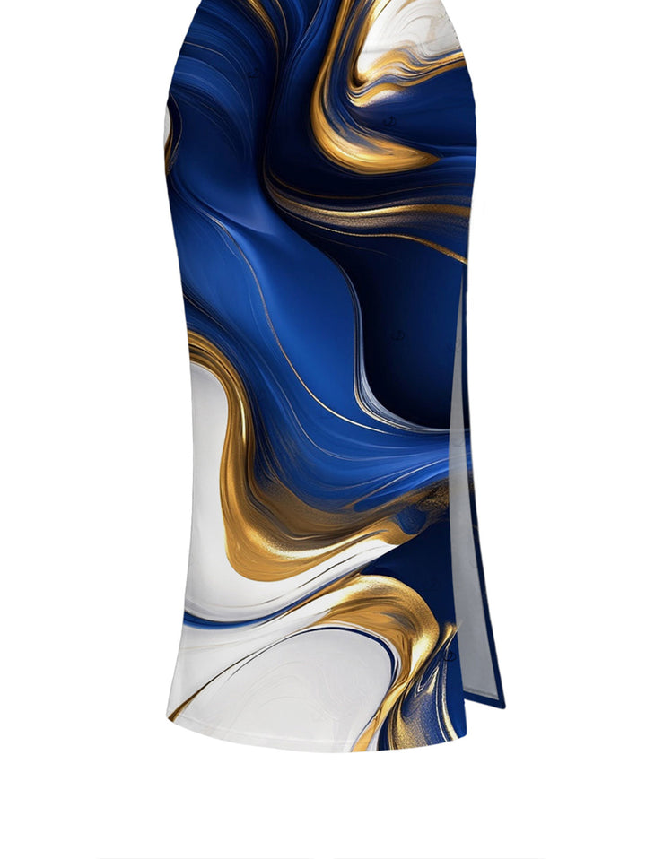 Metallic Gold Fluid Marble Print Cropped Tank Top and Bodycon Slit Skirt Vacation Women Outfit
