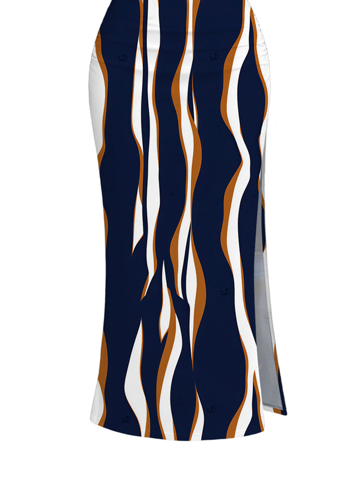 Vertical Wave Stripe Print Cropped Tank Top and Slit Bodycon Skirt Vintage Women Outfit