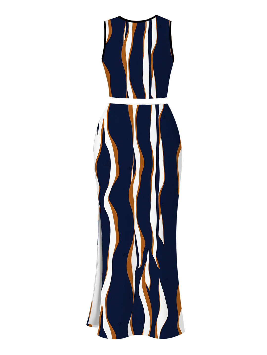 Vertical Wave Stripe Print Cropped Tank Top and Slit Bodycon Skirt Vintage Women Outfit