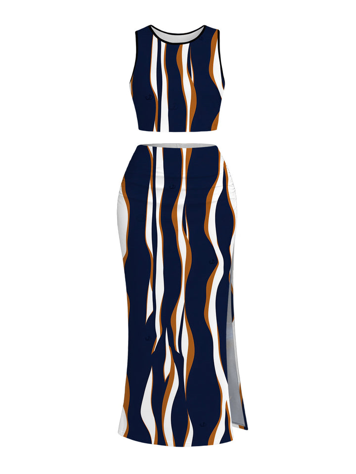 Vertical Wave Stripe Print Cropped Tank Top and Slit Bodycon Skirt Vintage Women Outfit