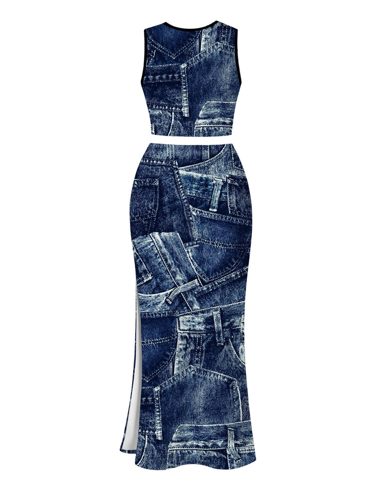 Faux Denim Print Tank Top and Slit Bodycon Skirt Casual Women Outfit