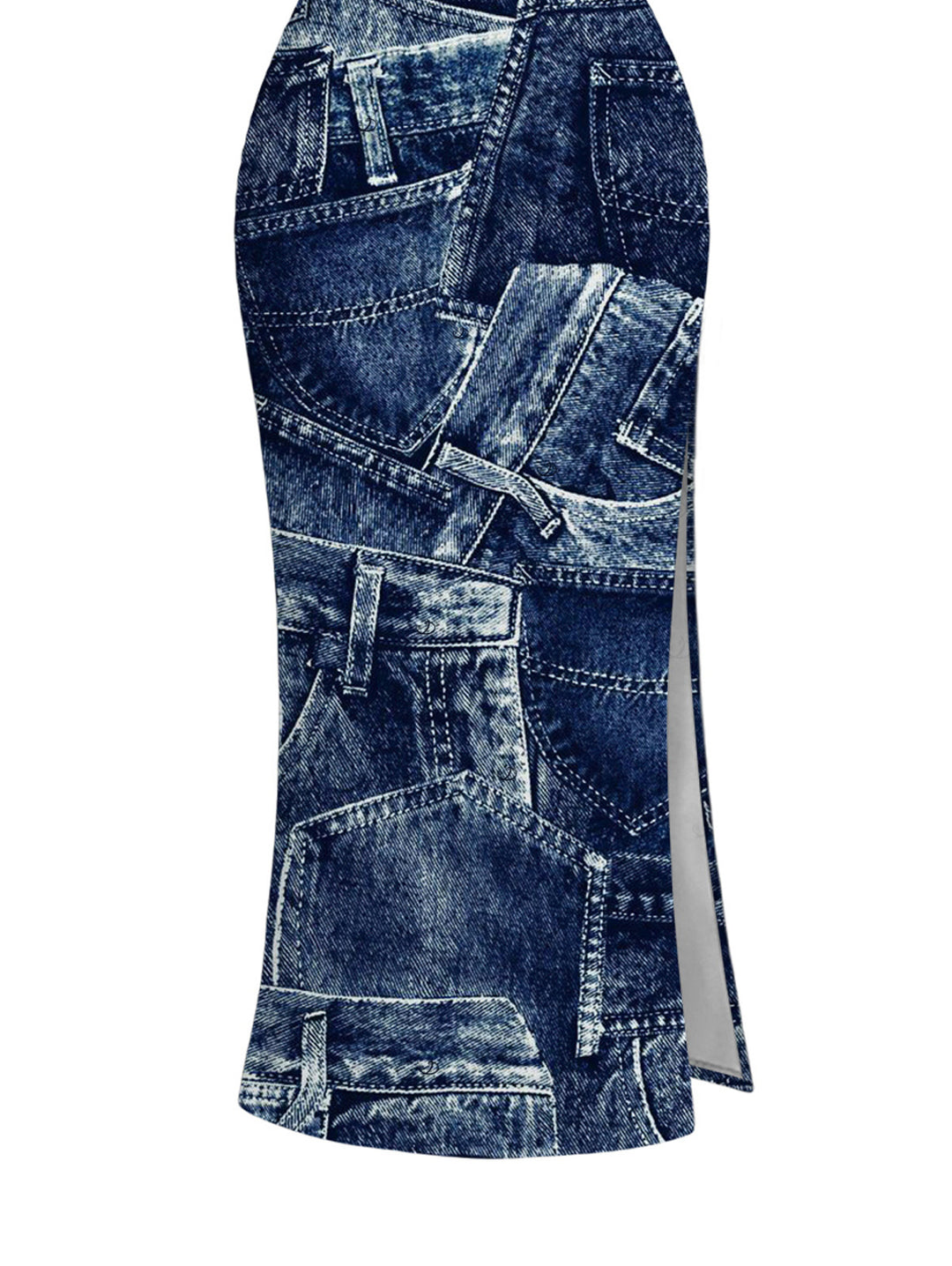 Faux Denim Print Tank Top and Slit Bodycon Skirt Casual Women Outfit