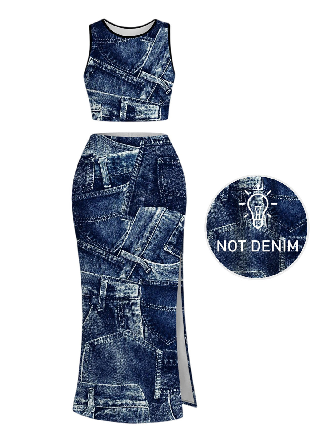 Faux Denim Print Tank Top and Slit Bodycon Skirt Casual Women Outfit