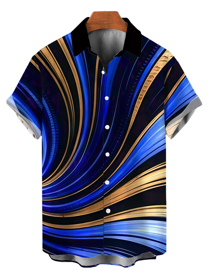 Men's Metallic Gold Fluid Swirl Print Button Up Vacation Shirt