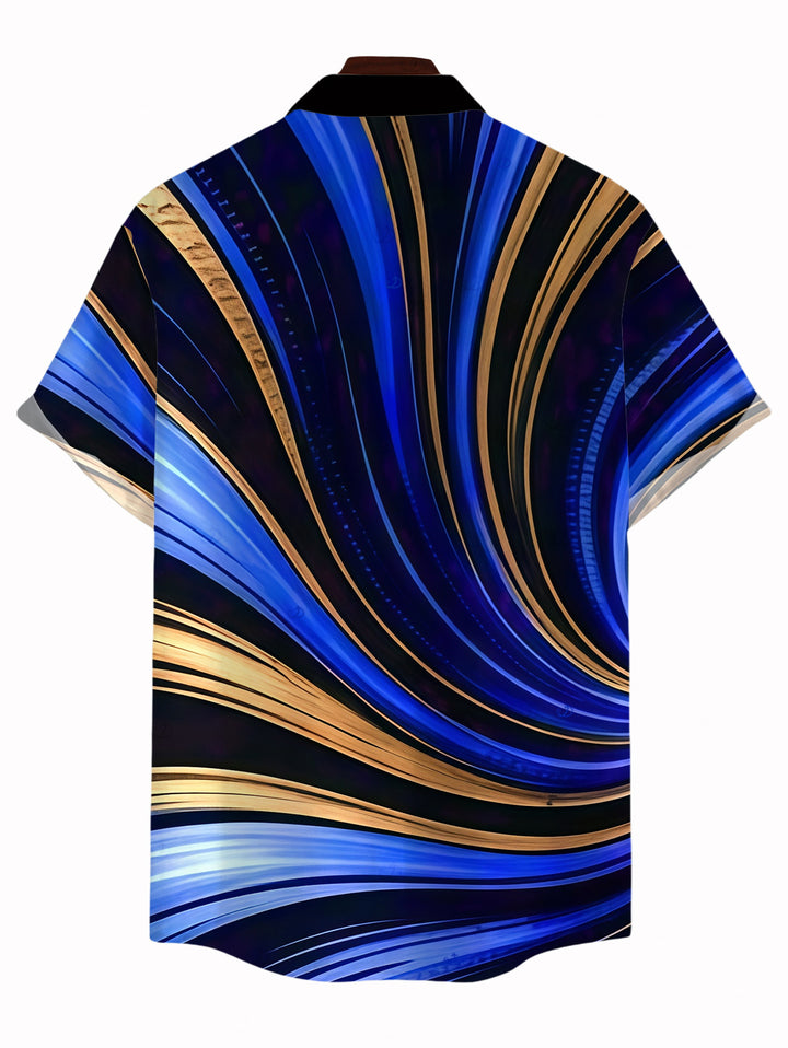 Men's Metallic Gold Fluid Swirl Print Button Up Vacation Shirt