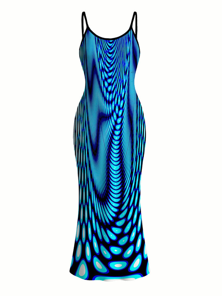 Gradient Swirl Psychedelic Ripple Print Spaghetti Strap Maxi Bodycon Vacation Dress