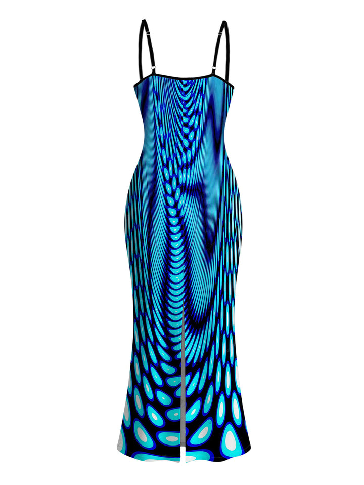 Gradient Swirl Psychedelic Ripple Print Spaghetti Strap Maxi Bodycon Vacation Dress