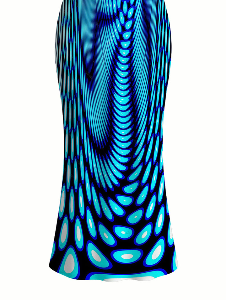 Gradient Swirl Psychedelic Ripple Print Spaghetti Strap Maxi Bodycon Vacation Dress