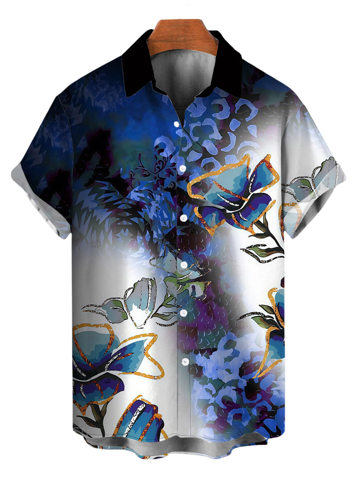 Men's Ink Wash Ombre Butterfly Floral Print Button Up Vacation Shirt