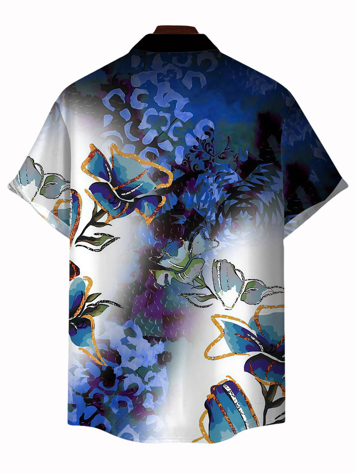 Men's Ink Wash Ombre Butterfly Floral Print Button Up Vacation Shirt