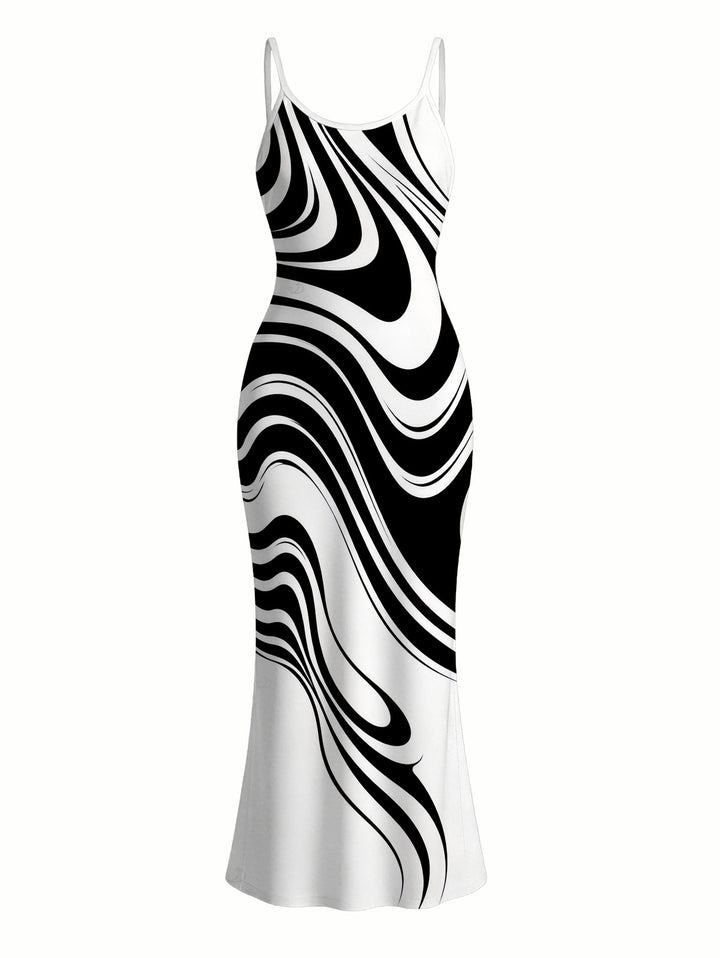 Contrast Color Abstract Fluid Swirl Print Spaghetti Strap Maxi Bodycon Dress