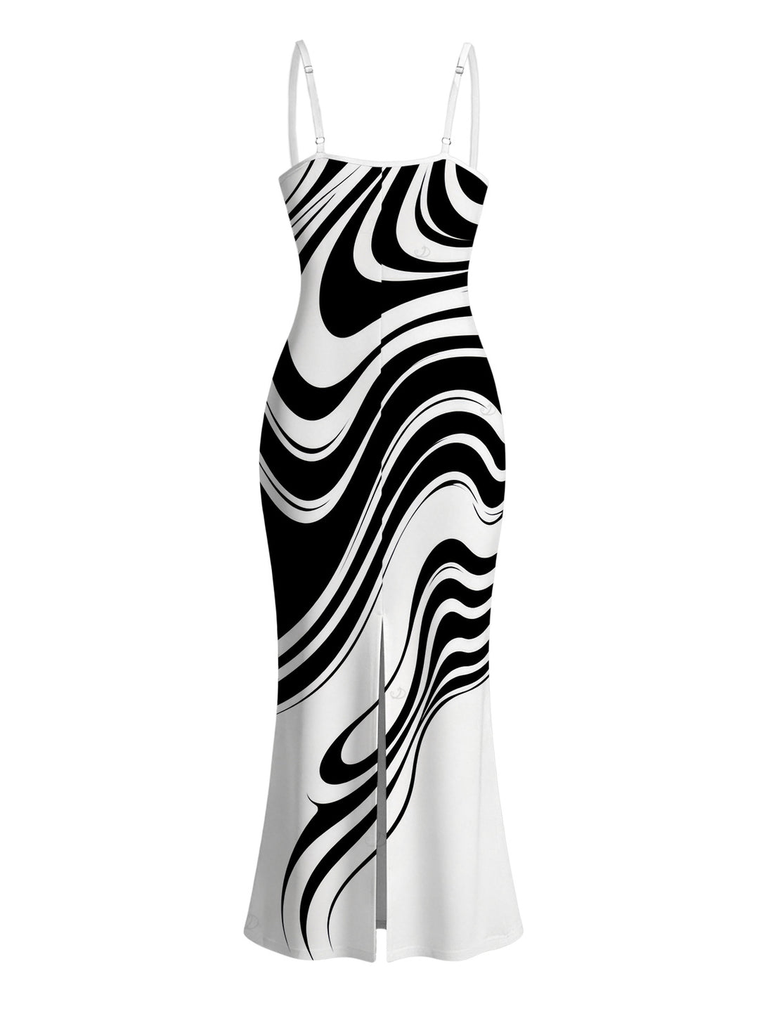 Contrast Color Abstract Fluid Swirl Print Spaghetti Strap Maxi Bodycon Dress