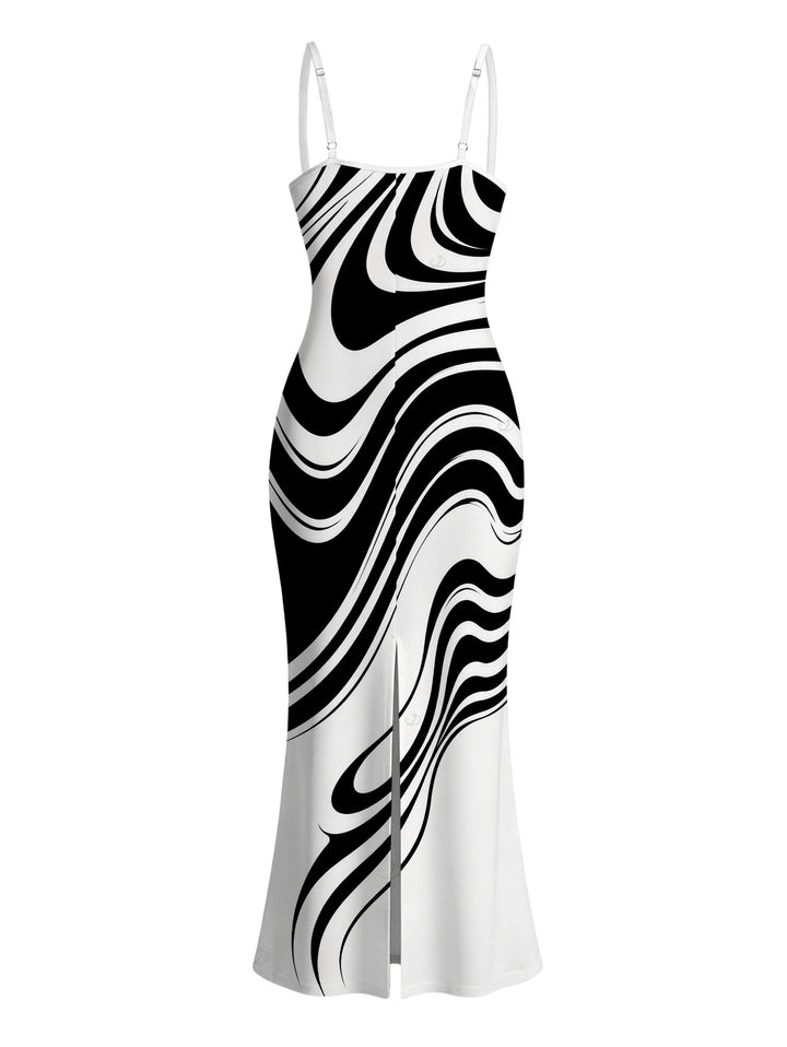 Contrast Color Abstract Fluid Swirl Print Spaghetti Strap Maxi Bodycon Dress