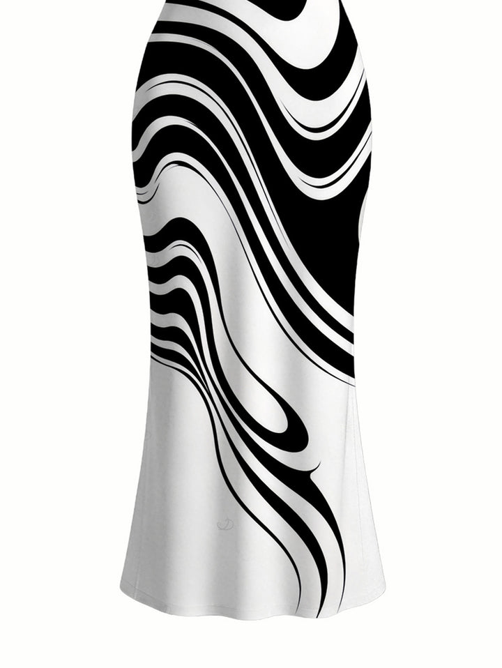 Contrast Color Abstract Fluid Swirl Print Spaghetti Strap Maxi Bodycon Dress