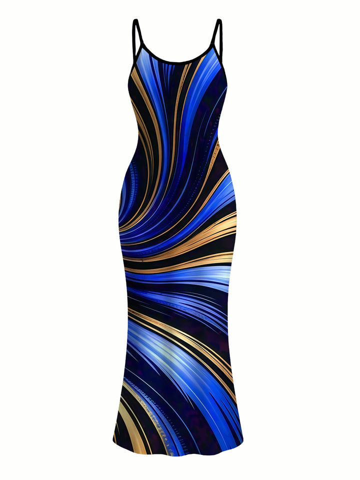 Metallic Gold Fluid Swirl Print Spaghetti Strap Maxi Bodycon Vacation Dress