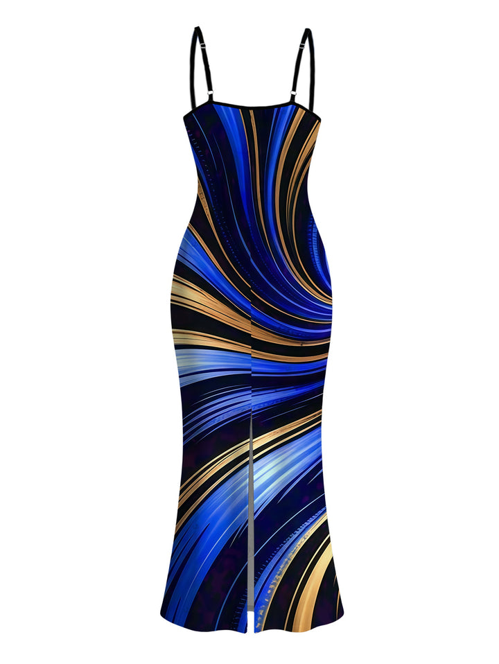 Metallic Gold Fluid Swirl Print Spaghetti Strap Maxi Bodycon Vacation Dress