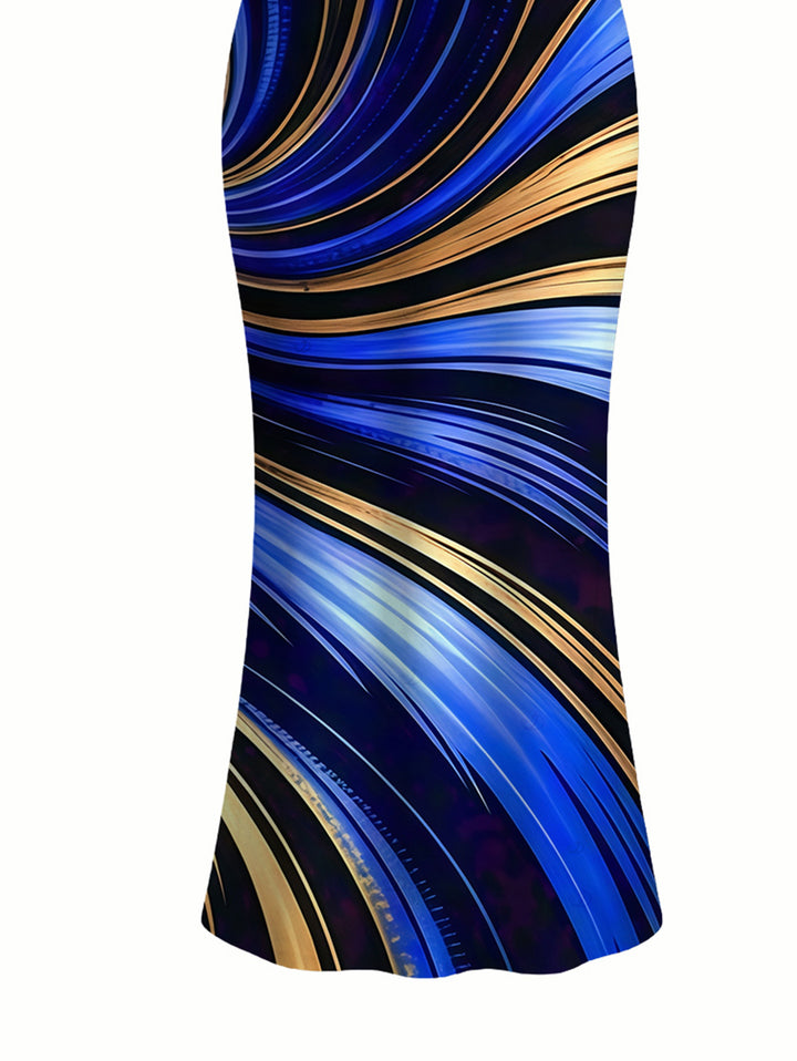 Metallic Gold Fluid Swirl Print Spaghetti Strap Maxi Bodycon Vacation Dress