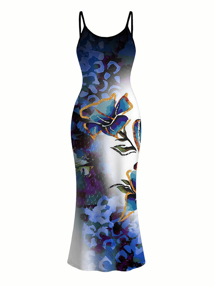 Ink Wash Ombre Butterfly Floral Print Spaghetti Strap Maxi Bodycon Vacation Dress