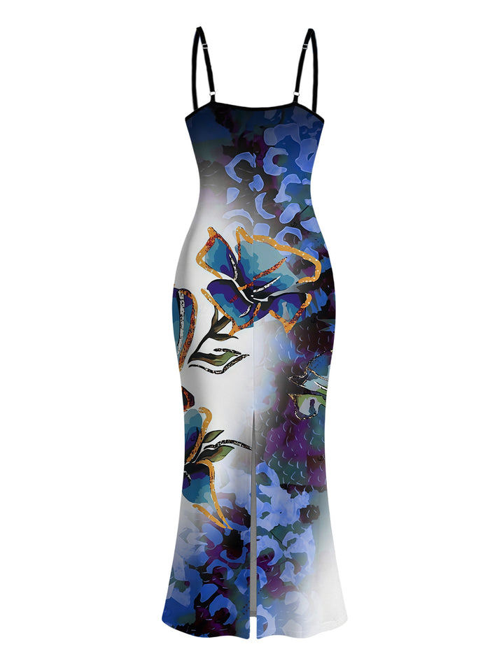 Ink Wash Ombre Butterfly Floral Print Spaghetti Strap Maxi Bodycon Vacation Dress