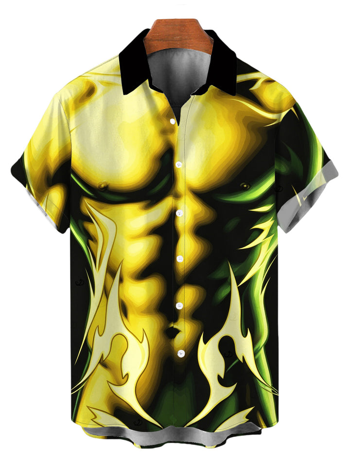 Men's Ombre Muscle Flame Print Button Up Vacation Shirt