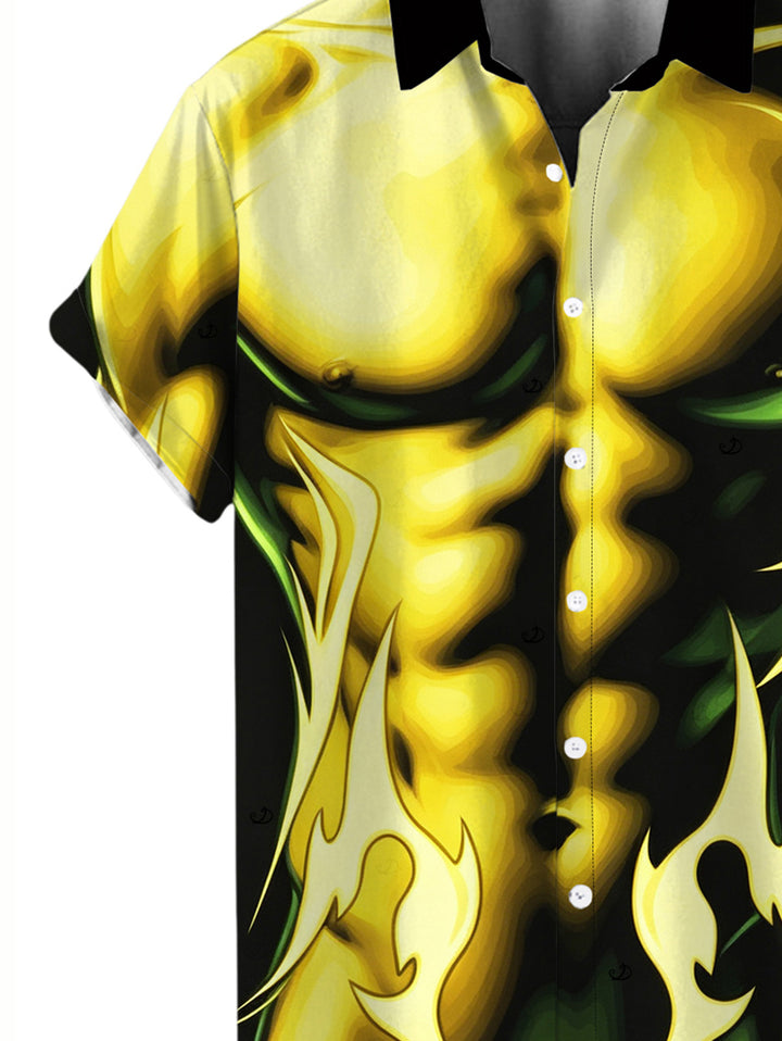 Men's Ombre Muscle Flame Print Button Up Vacation Shirt