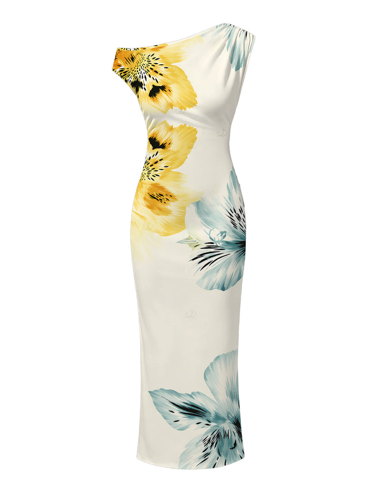 Watercolor Bicolor Hibiscus Floral Print Ruched One Shoulder Bodycon Vacation Dress
