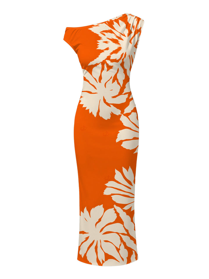 Palm Leaf Silhouette Print Ruched One Shoulder Bodycon Beach Vacation Dress