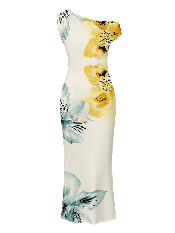 Watercolor Bicolor Hibiscus Floral Print Ruched One Shoulder Bodycon Vacation Dress