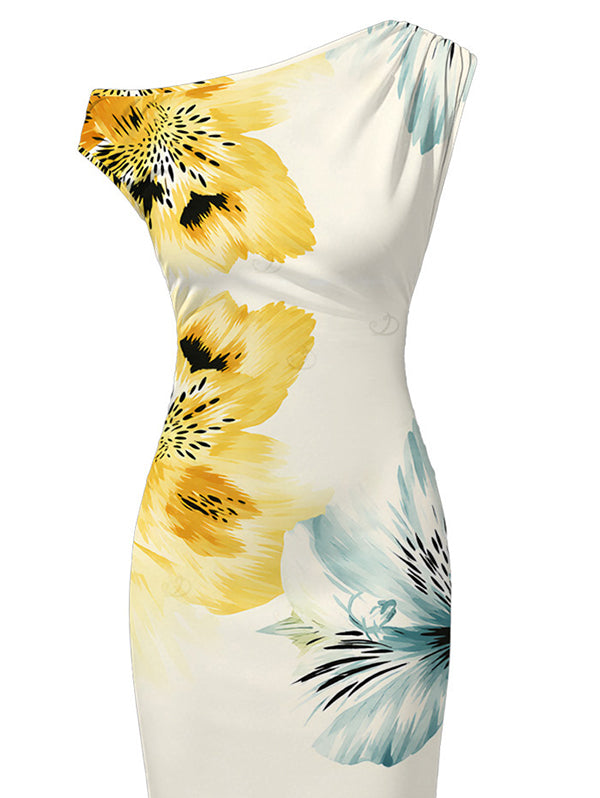 Watercolor Bicolor Hibiscus Floral Print Ruched One Shoulder Bodycon Vacation Dress