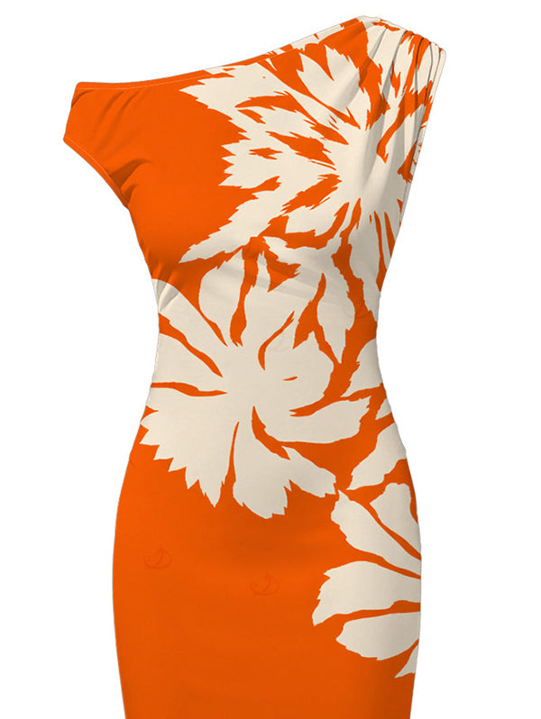 Palm Leaf Silhouette Print Ruched One Shoulder Bodycon Beach Vacation Dress