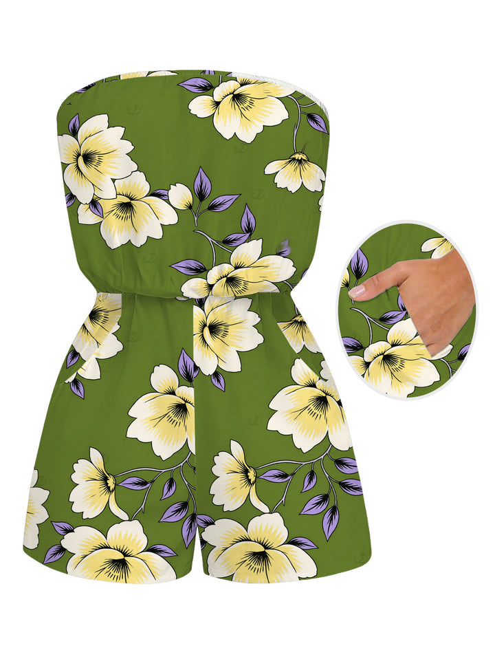 Plumeria Floral Leaf Print Pocket Off the Shoulder Vacation Romper