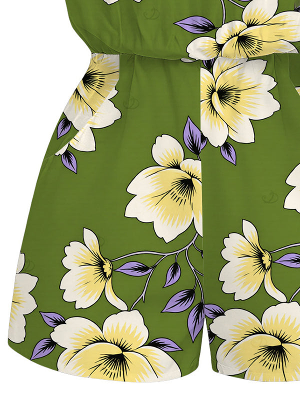 Plumeria Floral Leaf Print Pocket Off the Shoulder Vacation Romper