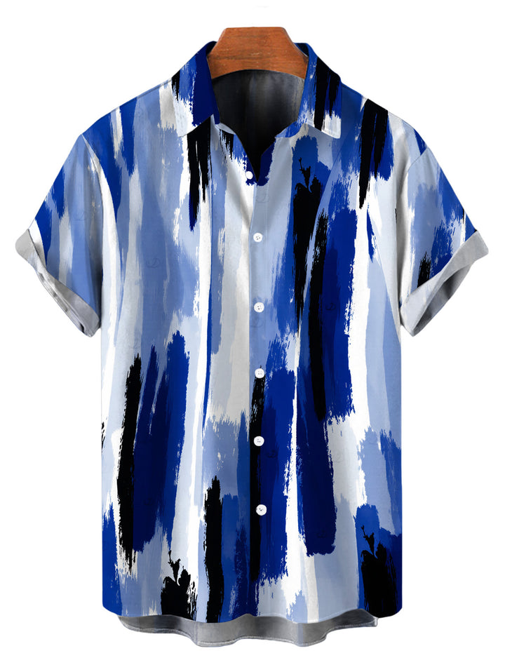 Men's Brush Ink Abstract Print Button Up Hawaiian Vacation Shirt