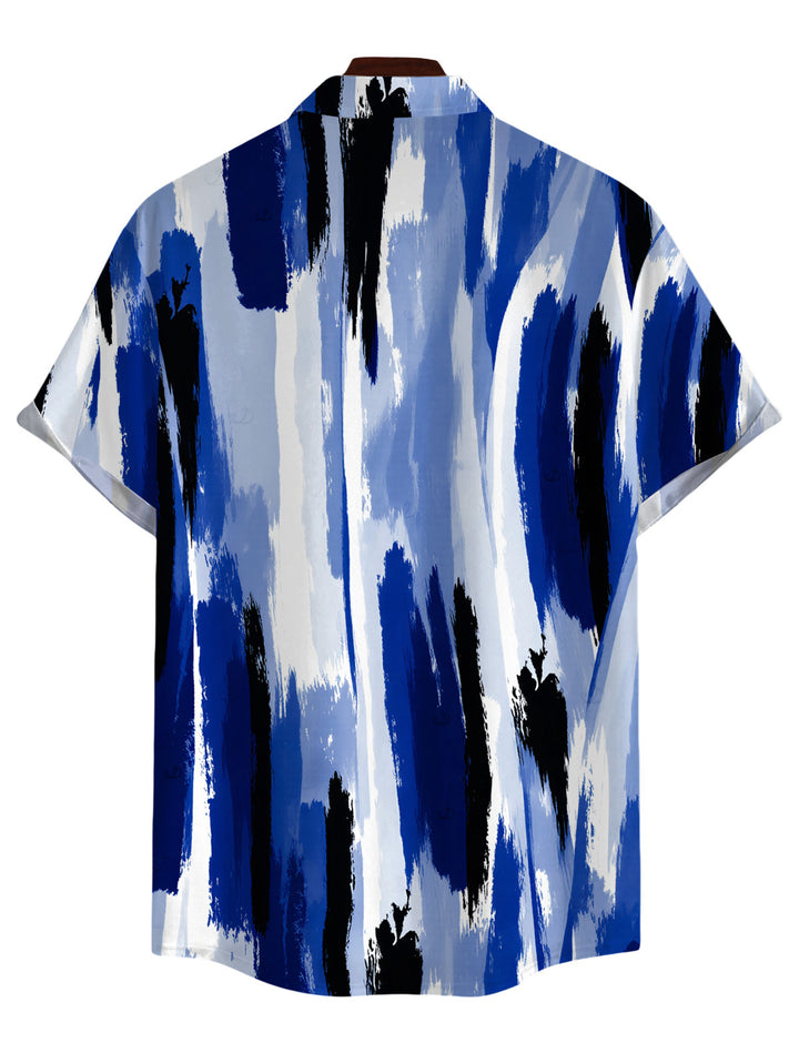 Men's Brush Ink Abstract Print Button Up Hawaiian Vacation Shirt