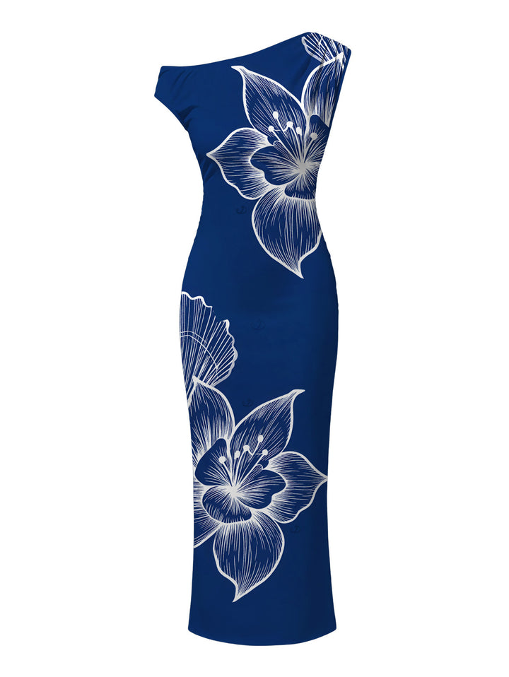 White Line Art Large Floral Print Ruched One Shoulder Bodycon Vacation Dress