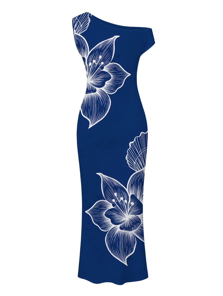 White Line Art Large Floral Print Ruched One Shoulder Bodycon Vacation Dress