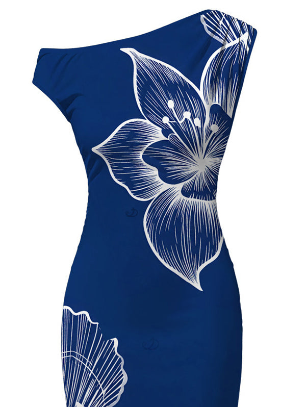White Line Art Large Floral Print Ruched One Shoulder Bodycon Vacation Dress