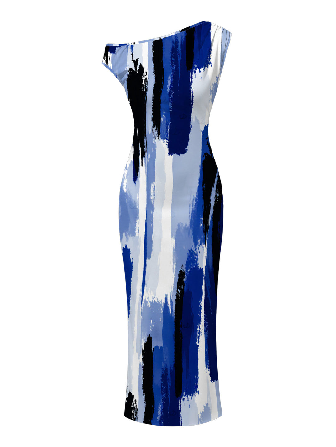 Brush Ink Abstract Print Ruched One Shoulder Bodycon Hawaiian Vacation Dress