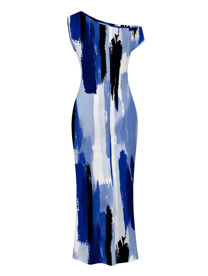 Brush Ink Abstract Print Ruched One Shoulder Bodycon Hawaiian Vacation Dress