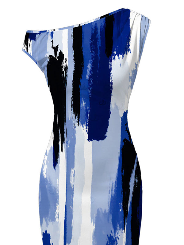 Brush Ink Abstract Print Ruched One Shoulder Bodycon Hawaiian Vacation Dress
